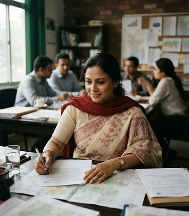 The managing director in a working committee room, focused on maps and civic documents
